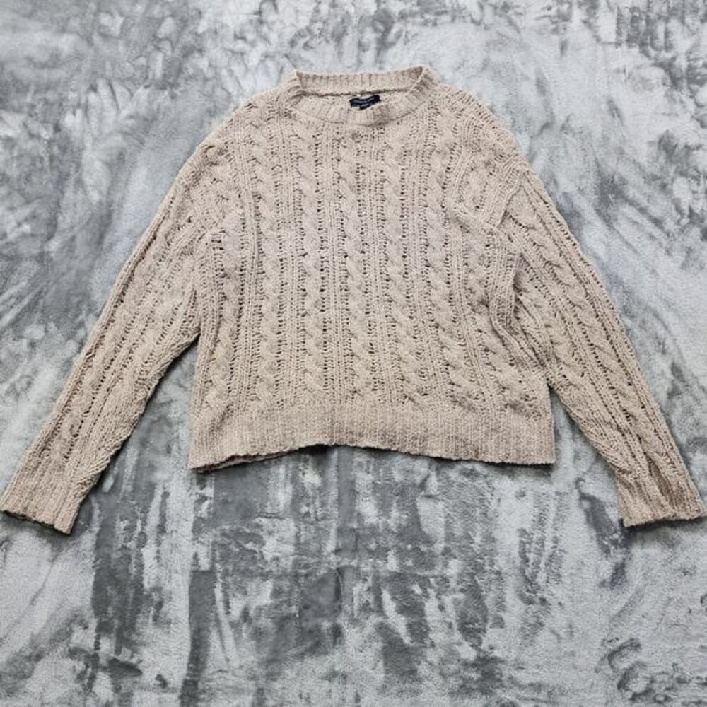 American Eagle Sweater M Tan Chenille Stretch Cable‎ Knit Pullover Preppy Casual